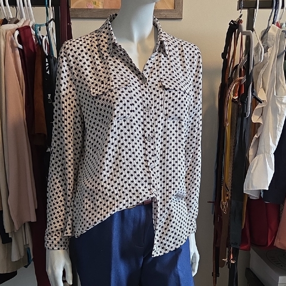 LOFT Tops - LOFT Cream w Gray Stripes and Black Polka Notched Collar Button Down Shirt